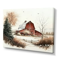 Designart Calm Red Barn In Winter I Canvas Wall Art