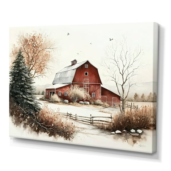 Designart Calm Red Barn In Winter I Canvas Wall Art