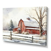 Designart Calm Red Barn In Winter II Canvas Wall Art