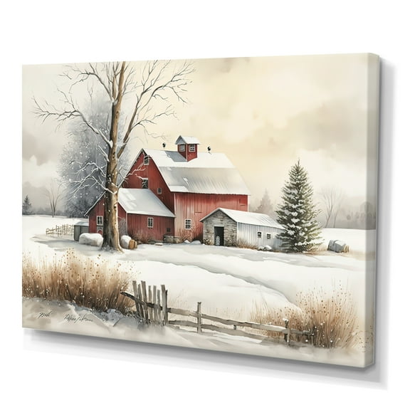 Designart Calm Red Barn In Winter IV Canvas Wall Art