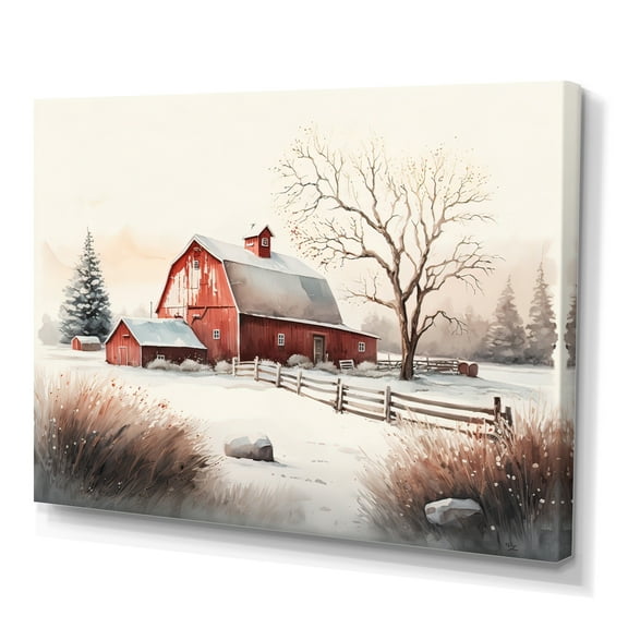 Designart Calm Red Barn In Winter V Canvas Wall Art