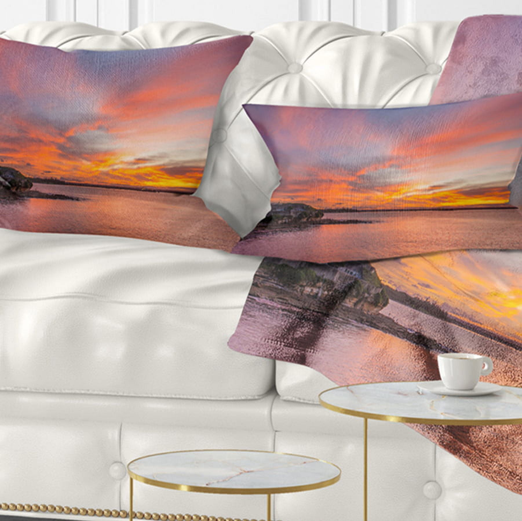 Designart Calm Sydney Beach with Yellow Sky - Seashore Throw Pillow - 12x20
