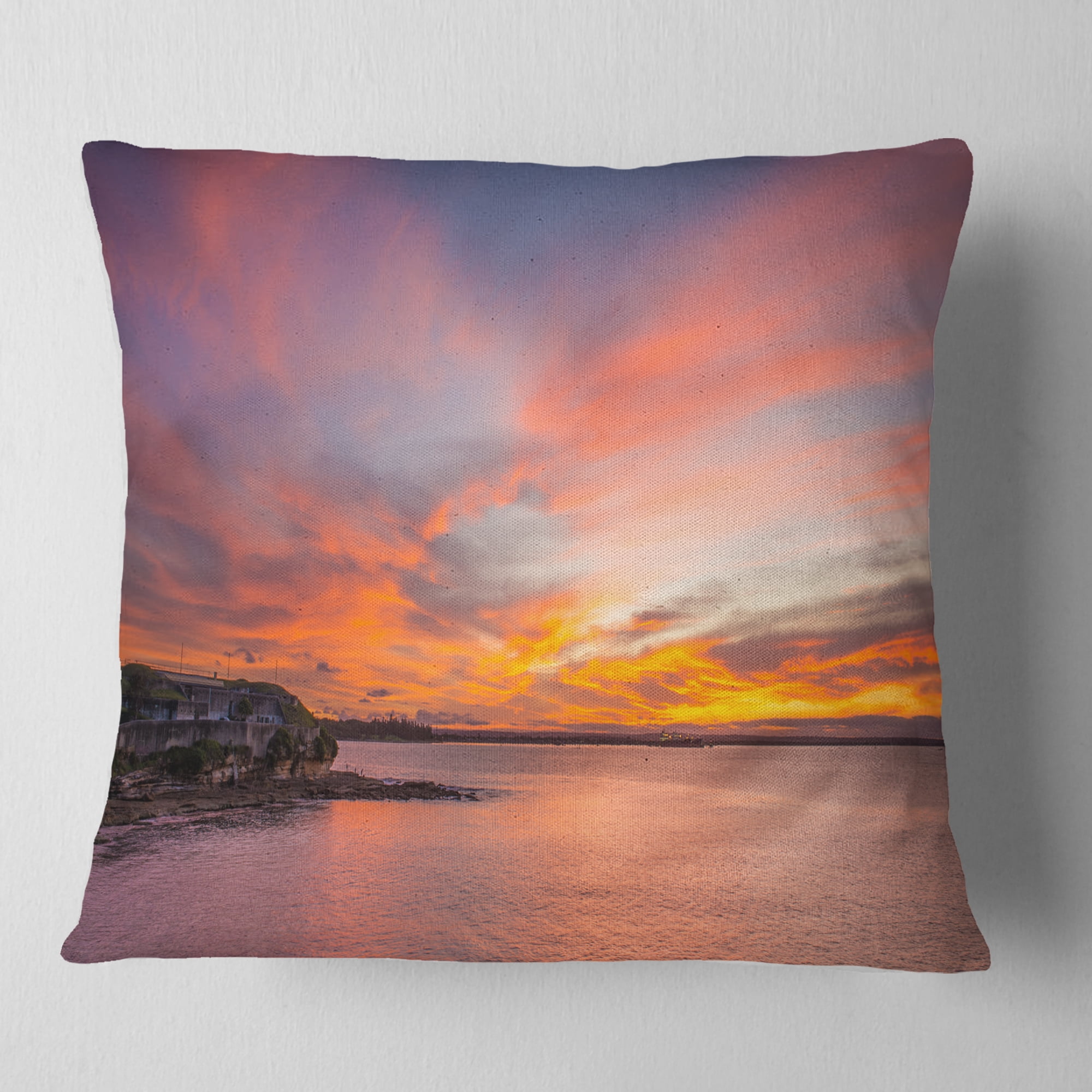 Designart Calm Sydney Beach with Yellow Sky - Seashore Throw Pillow - 16x16
