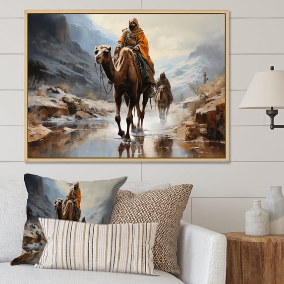 Designart "Camel Desert Wanderer composition" Animals Floater Framed Canvas Print