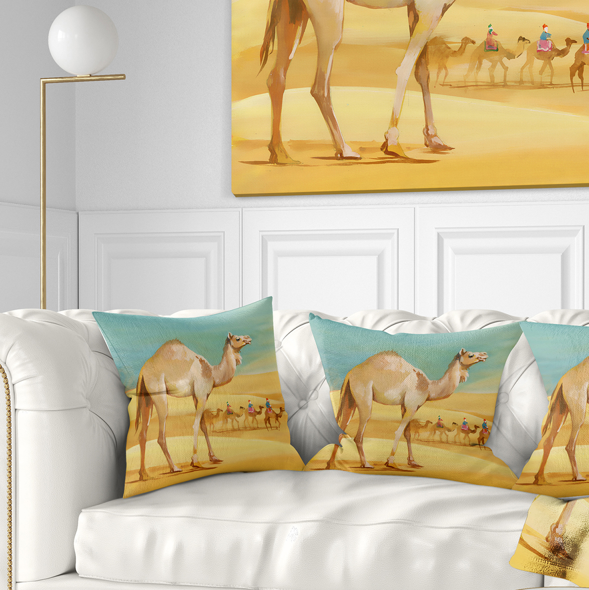 Designart Camel Walking in Desert - Watercolor Animal Throw Pillow - 16x16