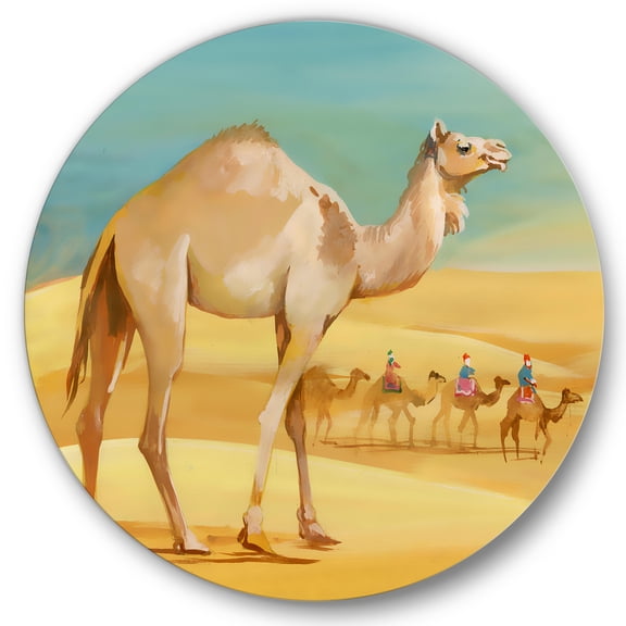 Designart 'Camels In Wild Desert I' Farmhouse Circle Metal Wall Art 23x23 - Disc of 23