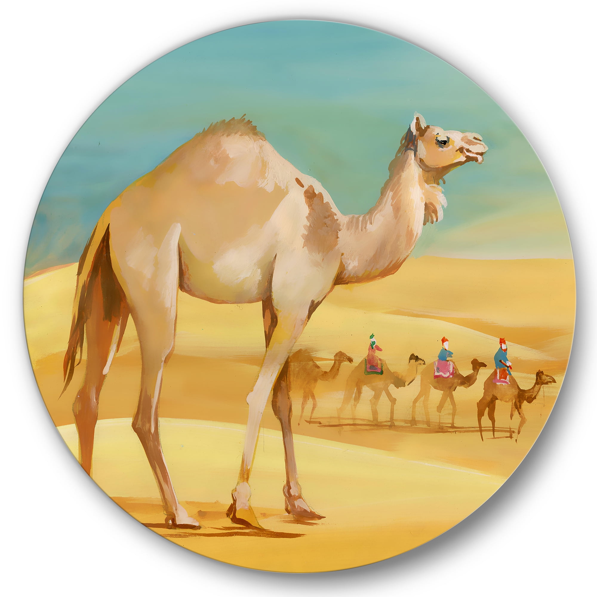 Designart 'Camels In Wild Desert I' Farmhouse Circle Metal Wall Art 36x36 - Disc of 36