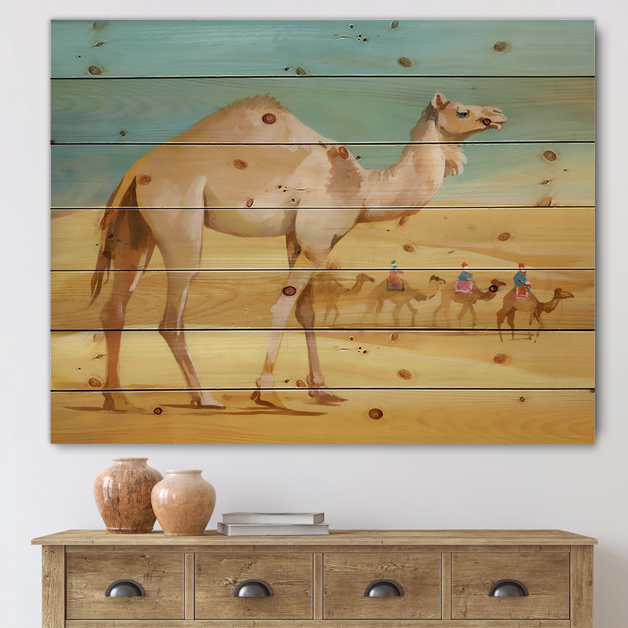 Designart 'Camels In Wild Desert I' Farmhouse Print on Natural Pine Wood