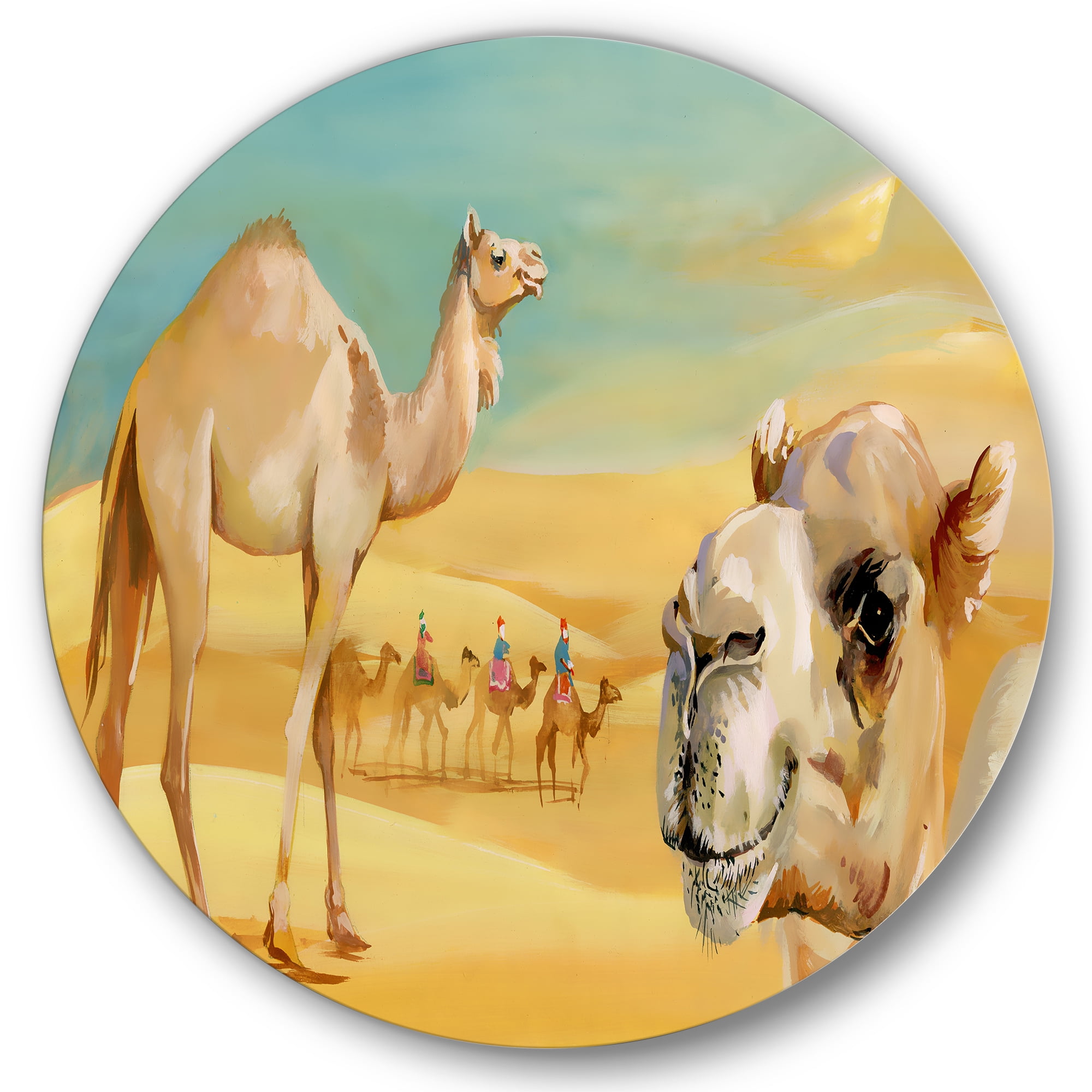 Designart 'Camels In Wild Desert II' Farmhouse Circle Metal Wall Art 29x29 - Disc of 29