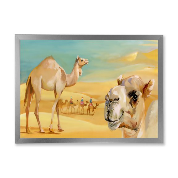 Designart 'Camels In Wild Desert II' Farmhouse Framed Art Print