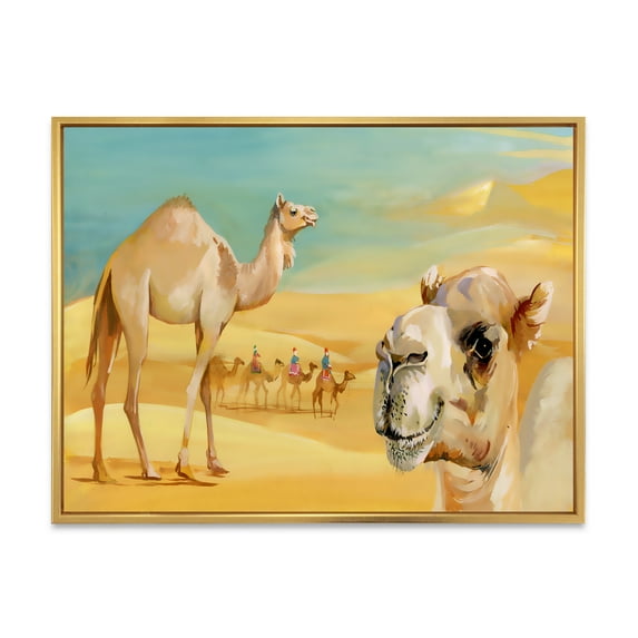 Designart 'Camels In Wild Desert II' Farmhouse Framed Canvas Wall Art Print