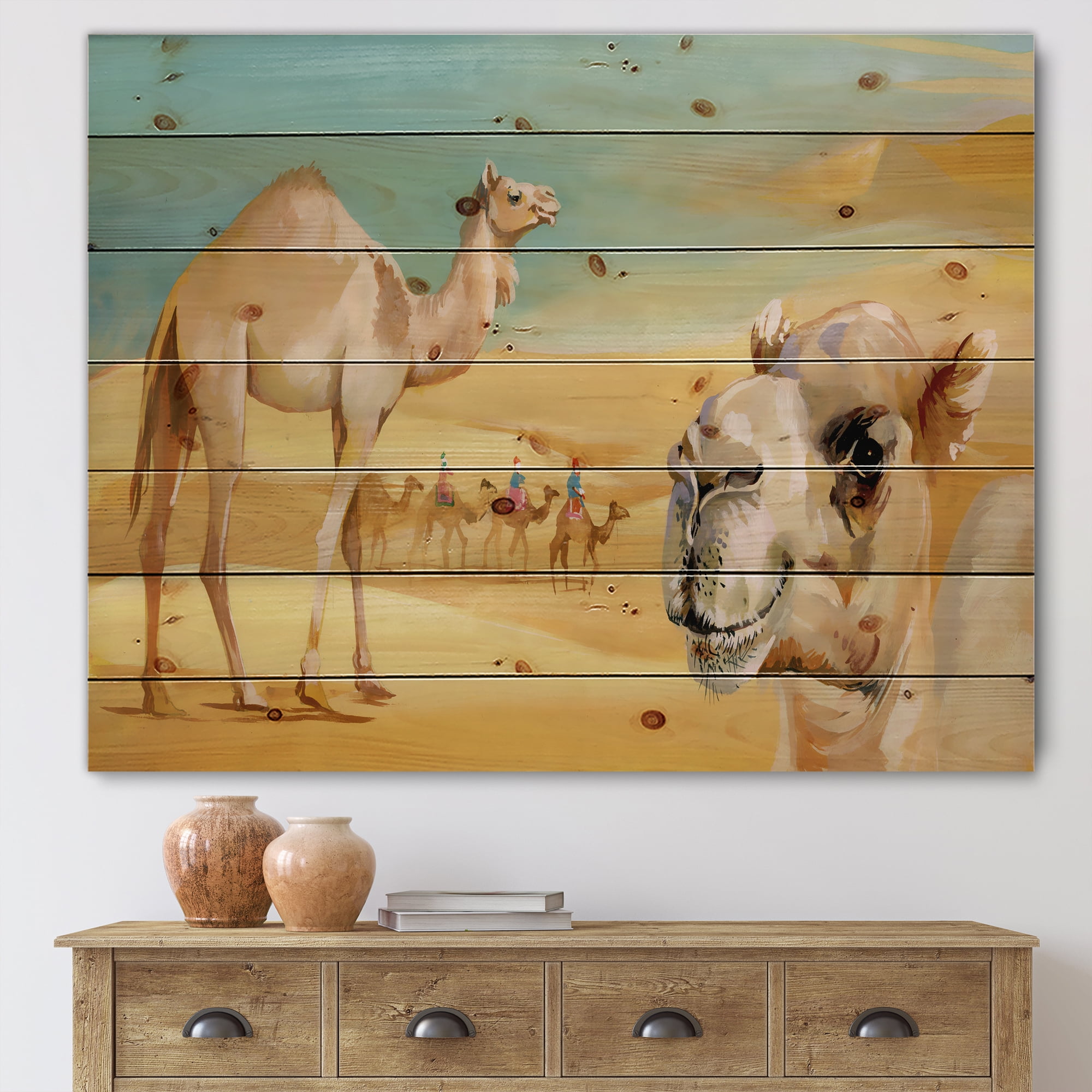 Designart 'Camels In Wild Desert II' Farmhouse Print on Natural Pine Wood