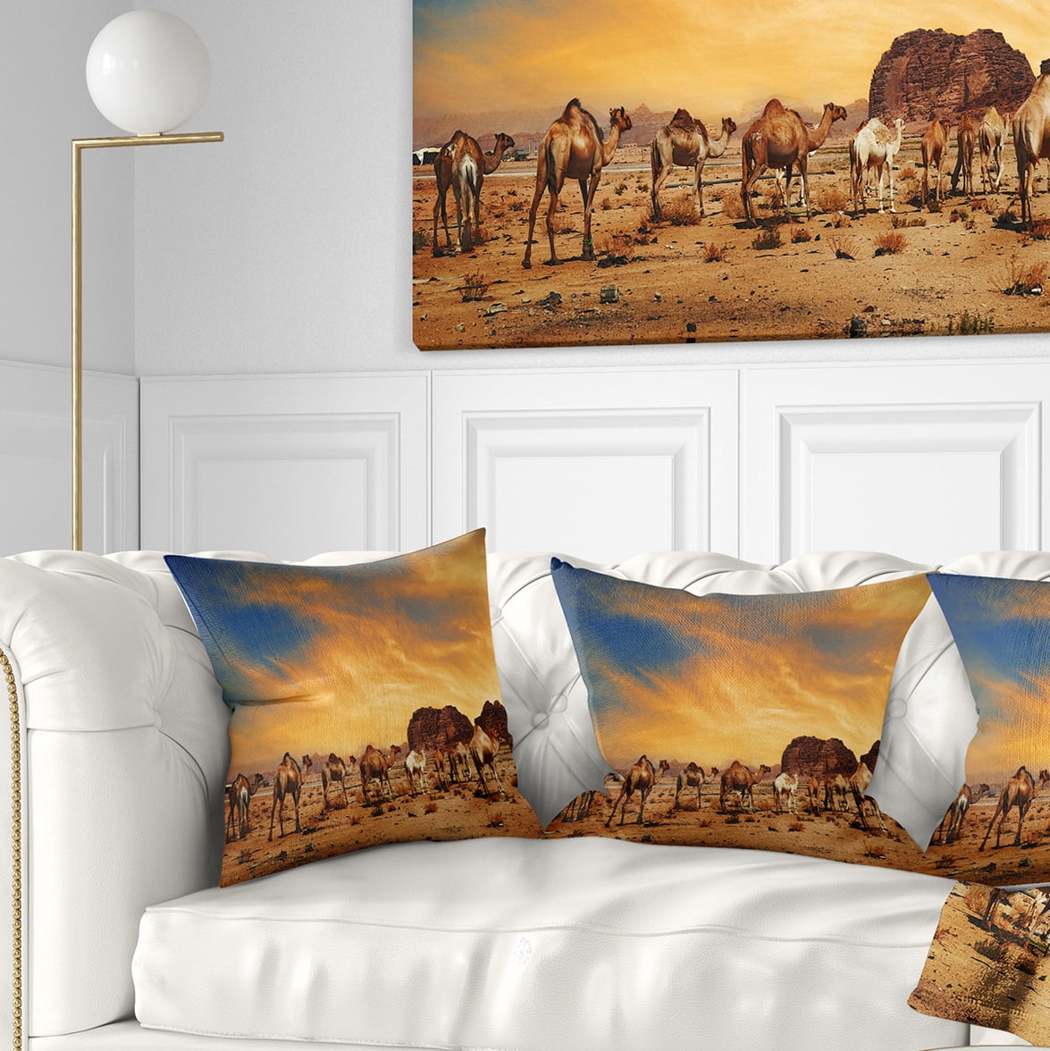 Designart Camels in Wadi Rum - Photography Throw Pillow - 18x18