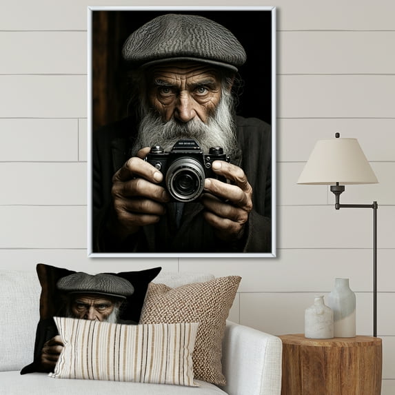 Designart "Camera Man Portrait Black and White" Portrait Floater Framed Canvas Wall Art