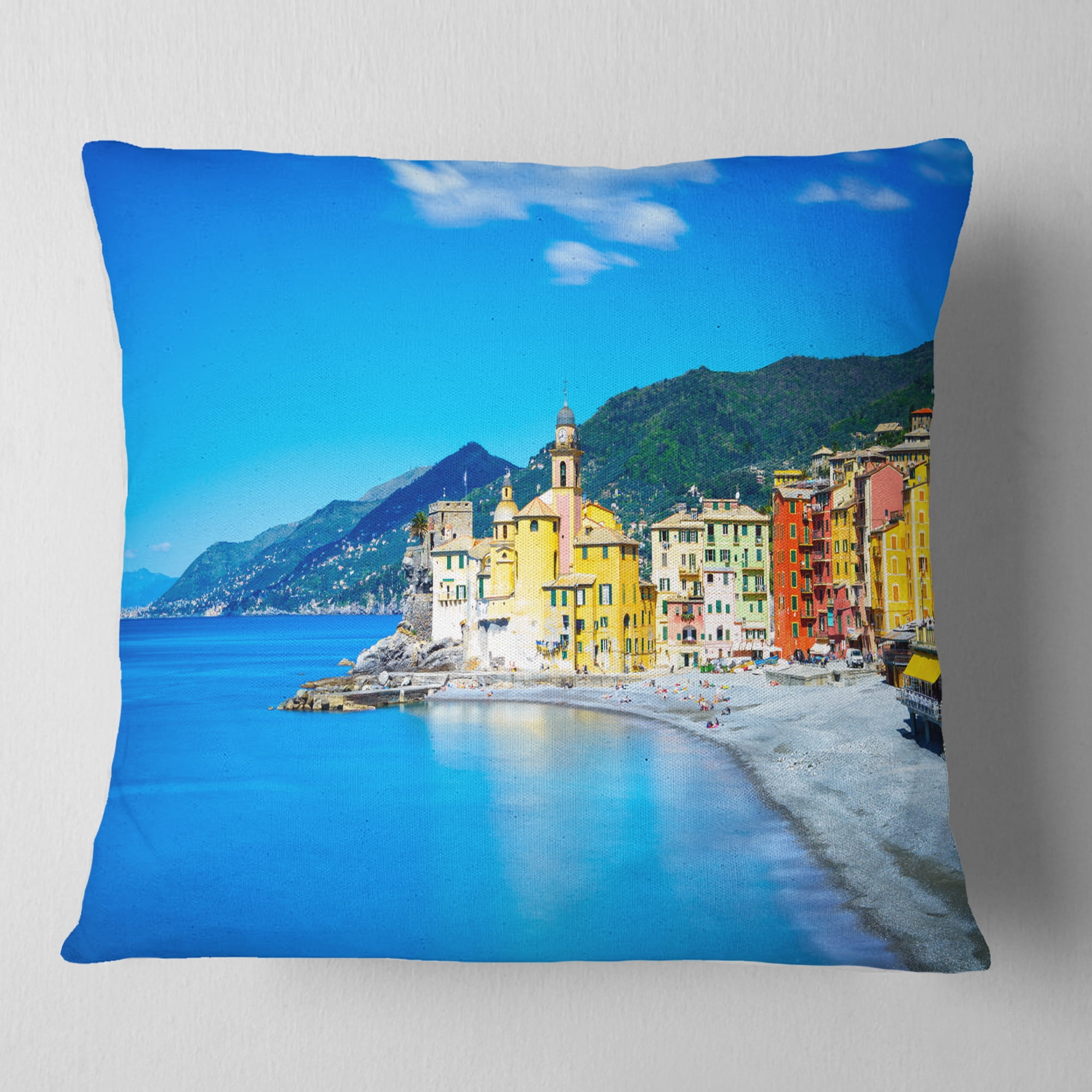 Designart Camogli Church on Sea and Beach View - Seashore Throw Pillow - 18x18