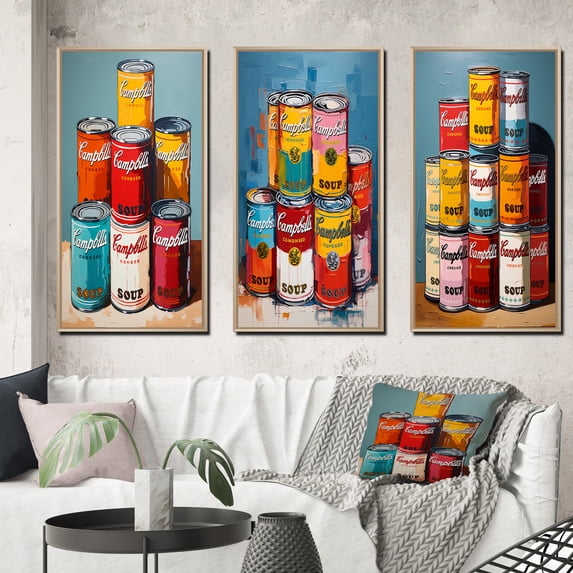 Designart "Campbells Soup Pop Art wall art III" Modern Framed Wall Art Set Of 3 - Multi-Color Pop Art Frame Canvas Set For Living Room Decor