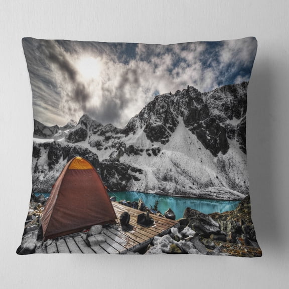 Designart Campsite above Turquoise Lake - Landscape Printed Throw Pillow - 18x18