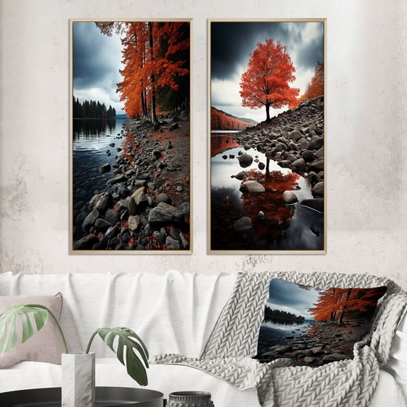 Designart "Canada Autumn Calm II" Canada Framed Wall Art Set Of 2 - Orange Landscapes Framed Wall Art Set Of 2