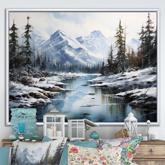 Designart "Canada Misty Mountain IV" Winter Landscape Floater Framed Canvas Print