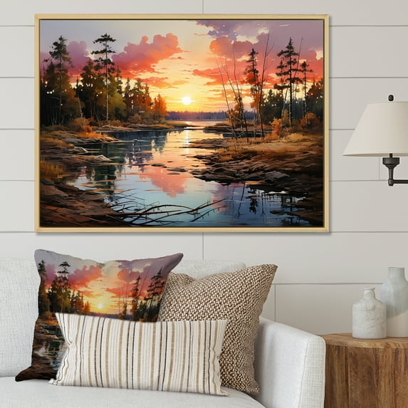Designart "Canadian River At Dawn I" Sunrisesunset Floater Framed Wall Art Living Room