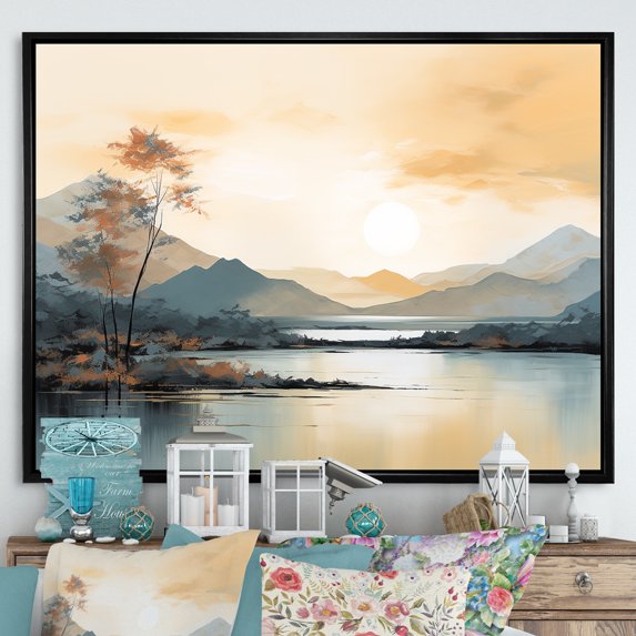 Designart "Canadian River Mountain Minimalism" River Mountain Floater Framed Wall Art Living Room