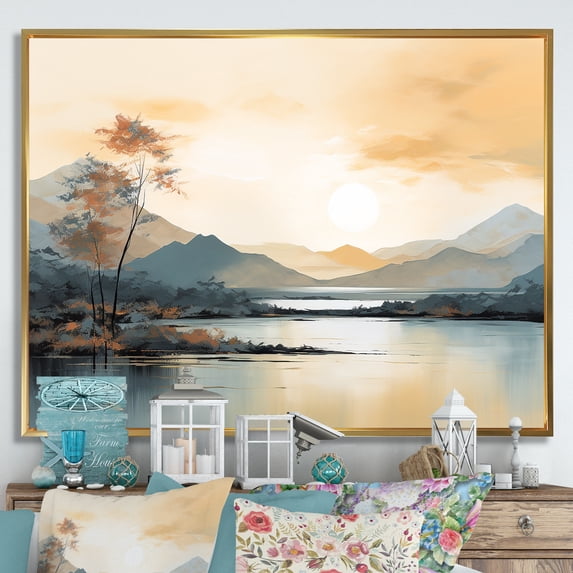 Designart "Canadian River Mountain Minimalism" River Mountain Floater Framed Wall Art Living Room