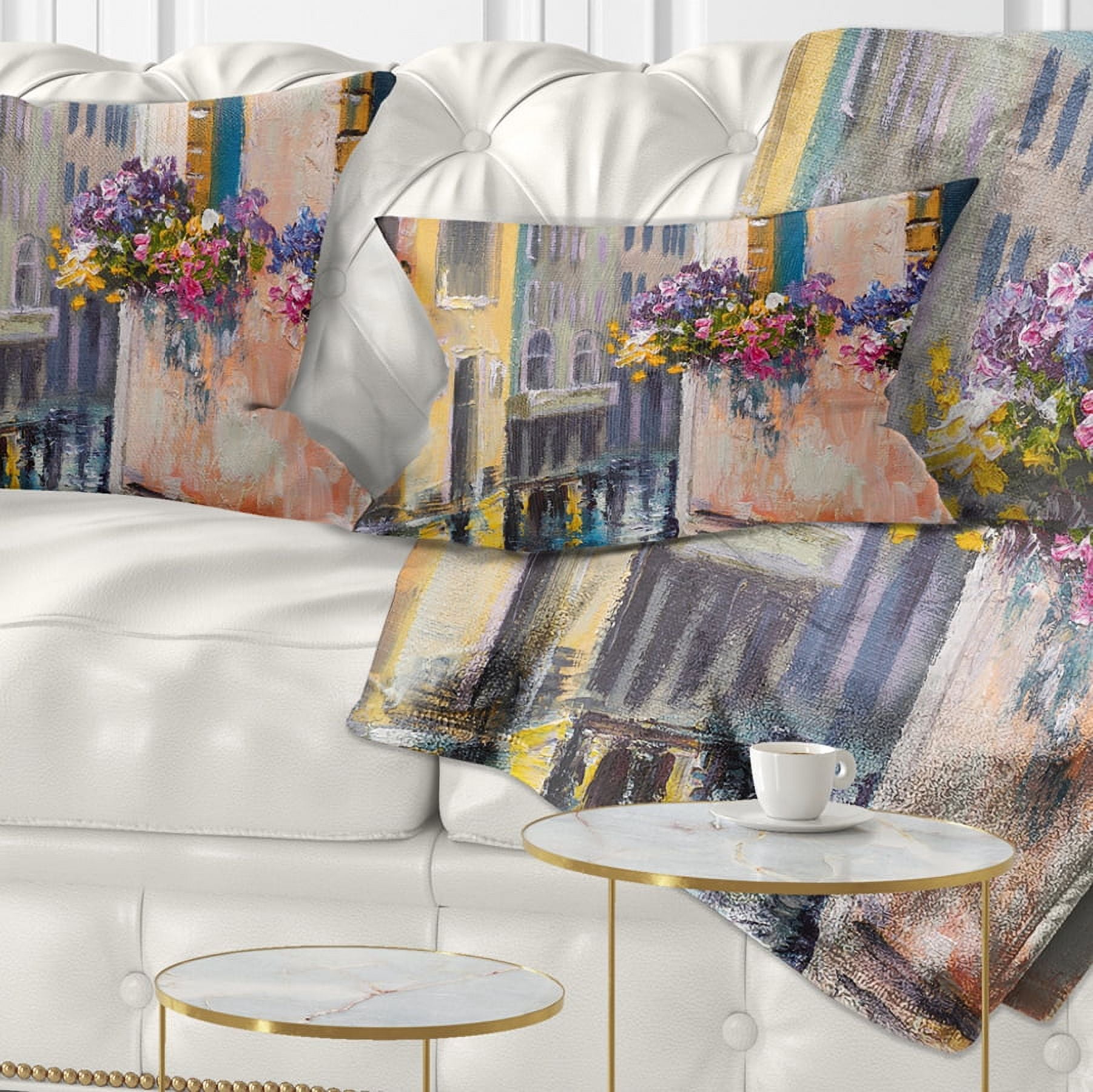 Designart Canal in Venice with Flowers - Cityscape Throw Pillow - 12x20