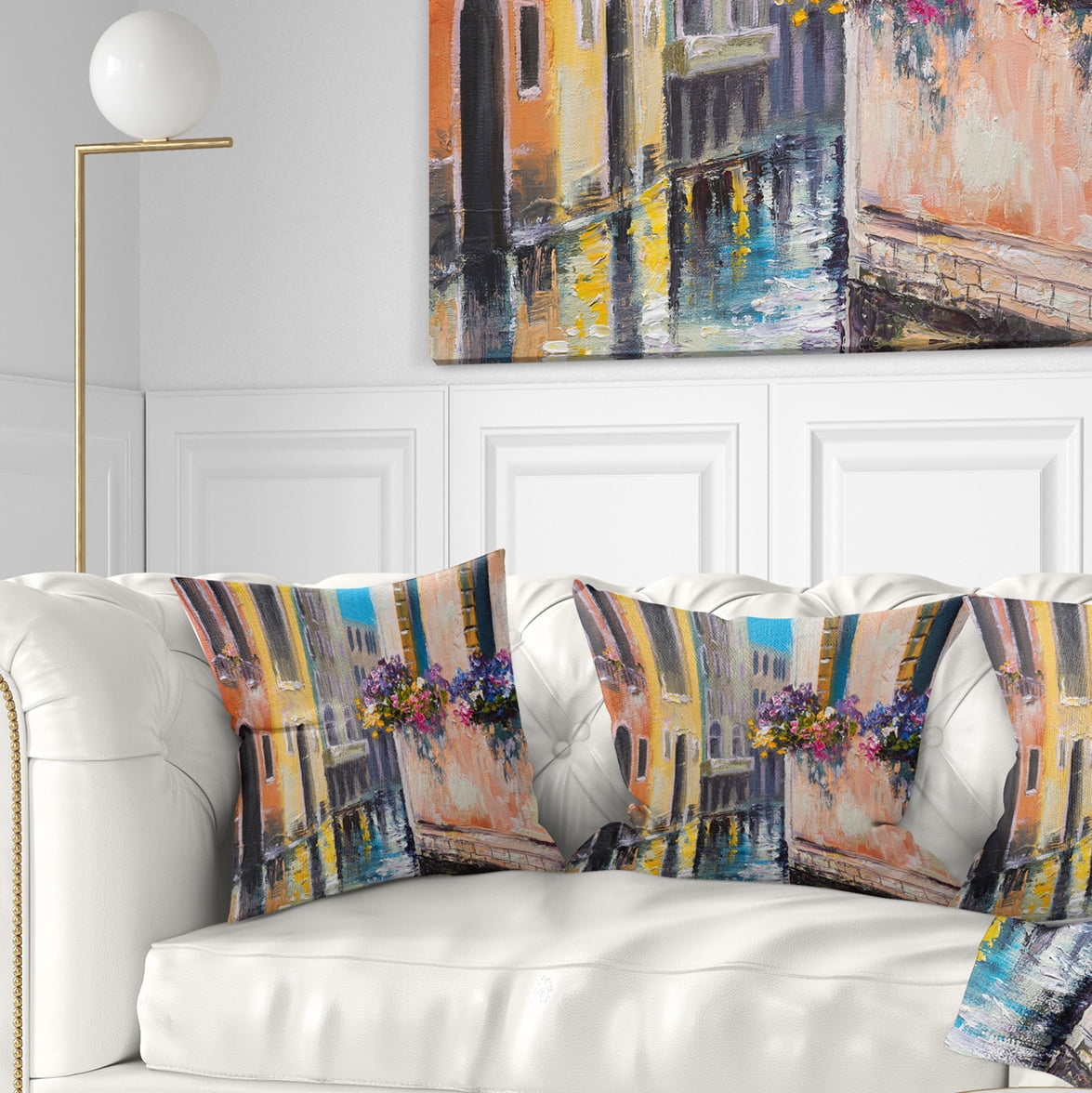 Designart Canal in Venice with Flowers - Cityscape Throw Pillow - 16x16