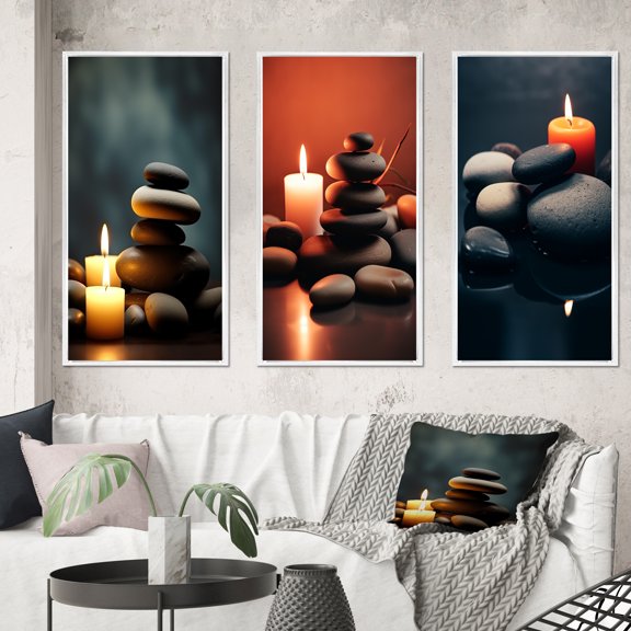 Designart "Candle Flame Zen Symbolism in Stone Cairn III" Spiritual Stone Framed Wall Art Set Of 3 - Black Traditional Frame Gallery Set For Office Decor