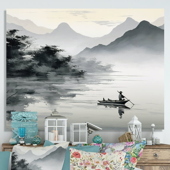 Designart "Canoe Boat Asian beauty I" Asian Art Canvas Print