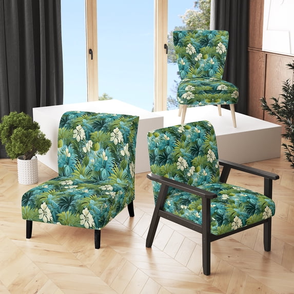Designart "Canopy Of Azure And Green In The Tropics III" Blue Azure Upholstered Accent Chair - Tropical Arm Chair For Bedroom
