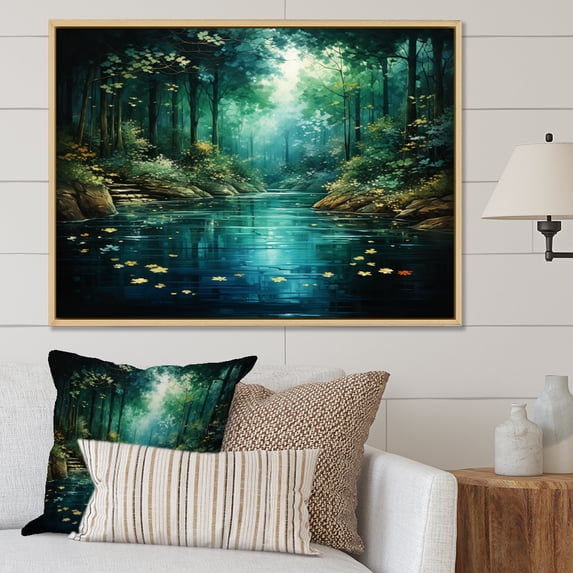 Designart "Canopy River Forest Emerald wall decor" Landscapes Floater Framed Wall Art Print