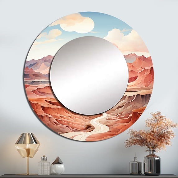 Designart "Canyon Drift In Desert Dreams" Minimalism Peach Large Round Mirror - Round Bedroom Mirror Wall Decor - Modern Round Printed Mirror - 36" x 36"
