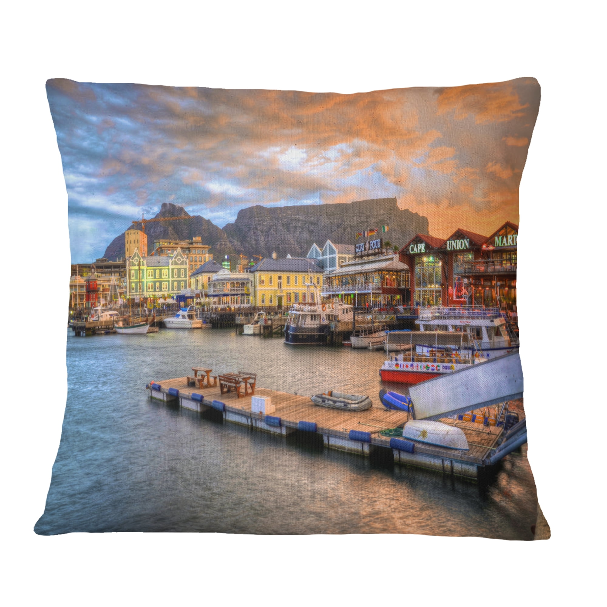 Designart Cape Town Waterfront at Sunset - Modern Landscape Printed Throw Pillow - 18x18