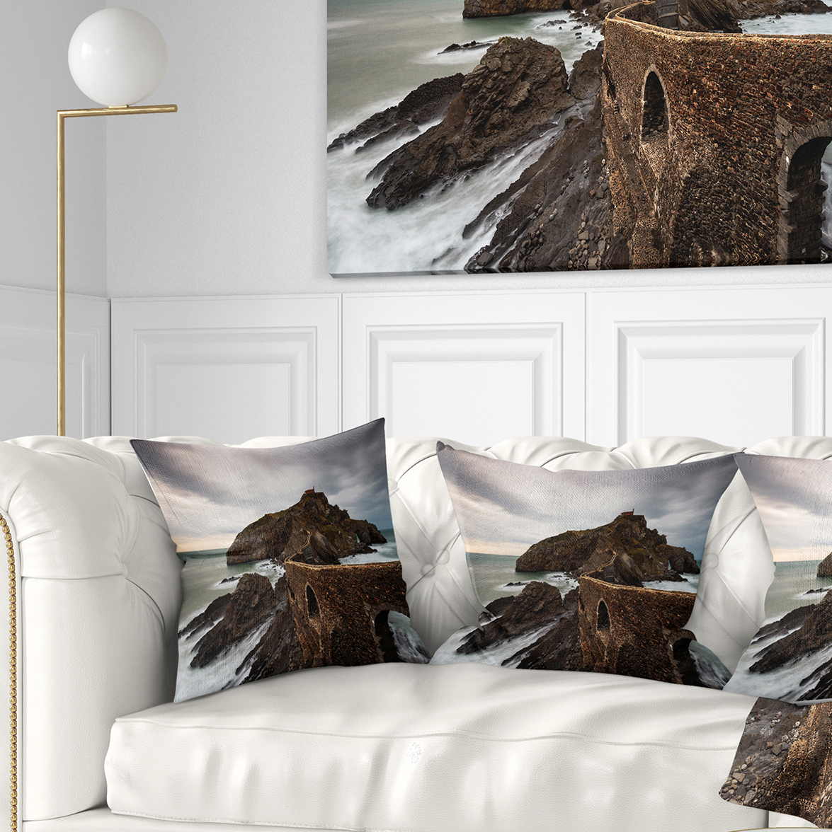 Designart Cape and Chapel in Spanish Beach - Seashore Photo Throw Pillow - 16x16