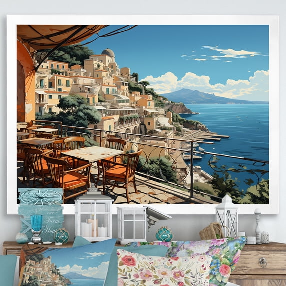 Designart "Capri, Italy Mediterranean Blue Village I" Landscapes Framed Wall Art Decor - Global Blue Landscape Italy Hallway Framed Wall Art Decor
