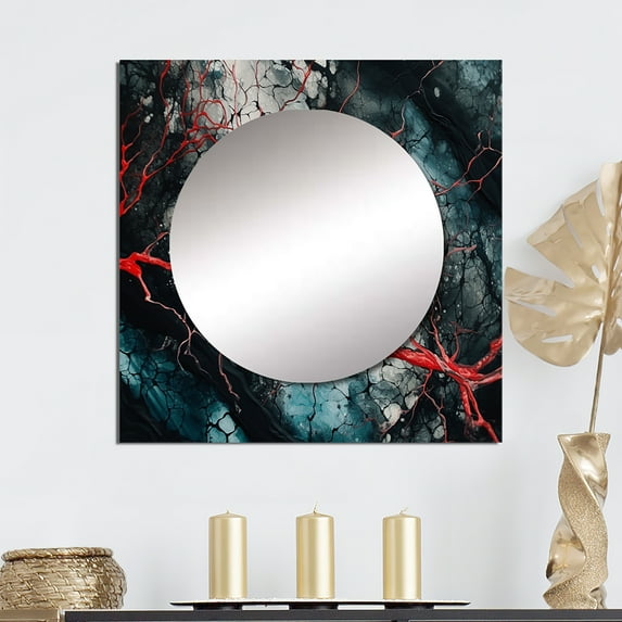 Designart "Captivating Liquid Ink Blue and Red II" Modern Geometric Square Mirror Wall Decor Modern - Large Blue Square Bathroom Mirror - Square Printed Wall Mirror Art