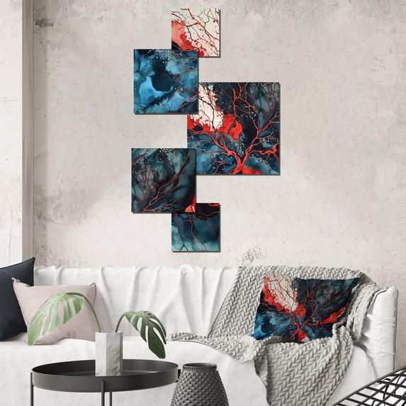 Designart "Captivating Liquid Ink Blue and Red III" Modern Geometric Metal Art Print Set