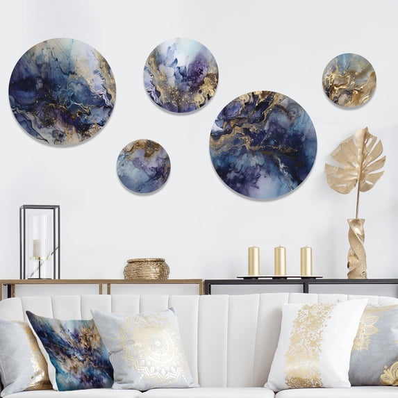 Designart "Captivating Liquid Ink Gold and Purple I" Abstract Marble Metal Wall Art Set of 5 Piece