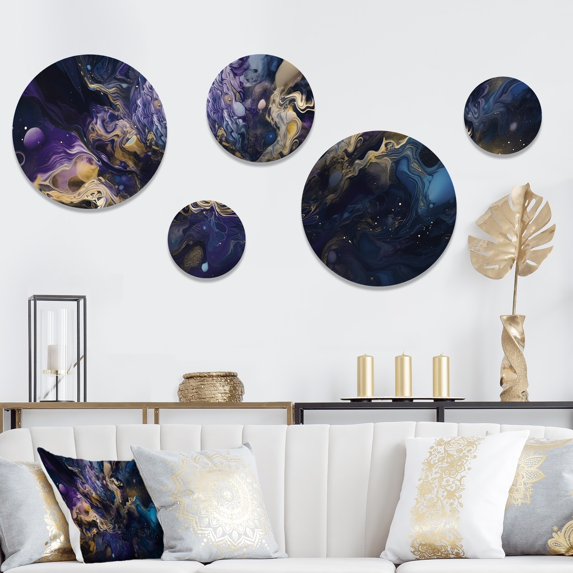 Designart "Captivating Liquid Ink Gold and Purple II" Abstract Marble Metal Wall Art Set of 5 Piece