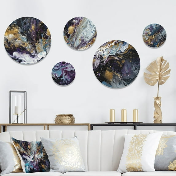 Designart "Captivating Liquid Ink Gold and Purple III" Abstract Marble Metal Wall Art Set of 5 Piece