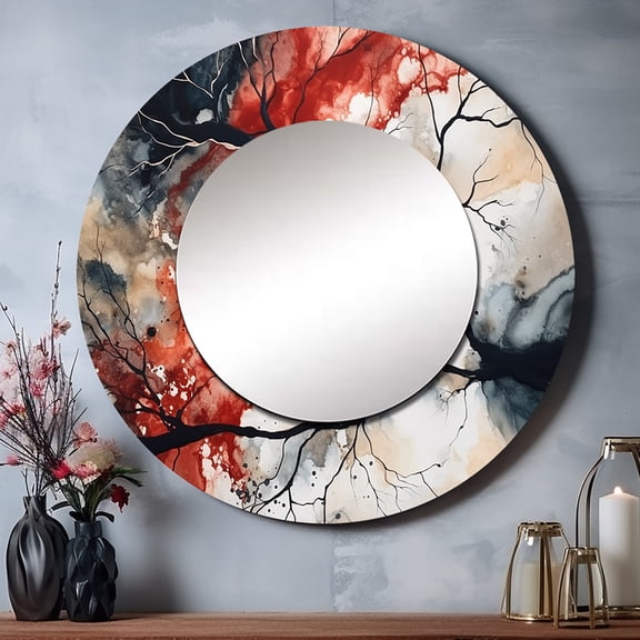 Designart "Captivating Liquid Ink in Red and Black" Modern Geometric Rund Mirror For Wall Decor - Large Red Round Print Mirror - Round Modern Mirror - Wall Mounted Round Large Mirror - 36" x 36"