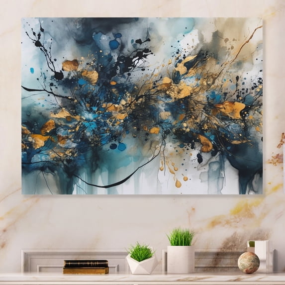 Designart "Captivating Liquid Ink in Blue and Gold" Abstract Marble Metal Wall Art Prints