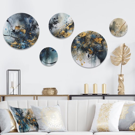 Designart "Captivating Liquid Ink in Blue and Gold" Abstract Marble Metal Wall Art Set of 5 Piece
