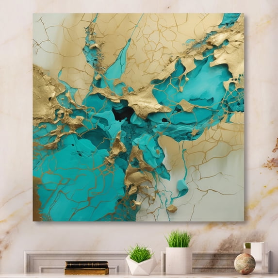 Designart "Captivating Liquid Ink in Turquoise and Gold" Abstract Marble Metal Wall Art