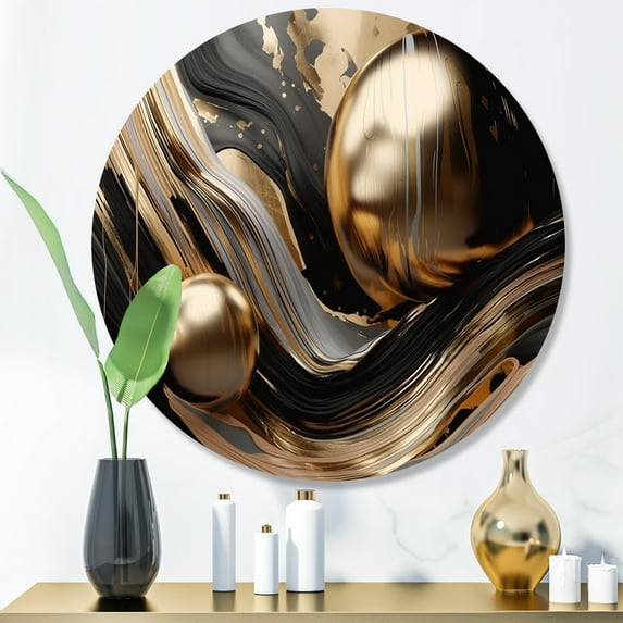 Designart "Captivating Marble Gold and Black I" Abstract Marble Metal Round Art Living Room