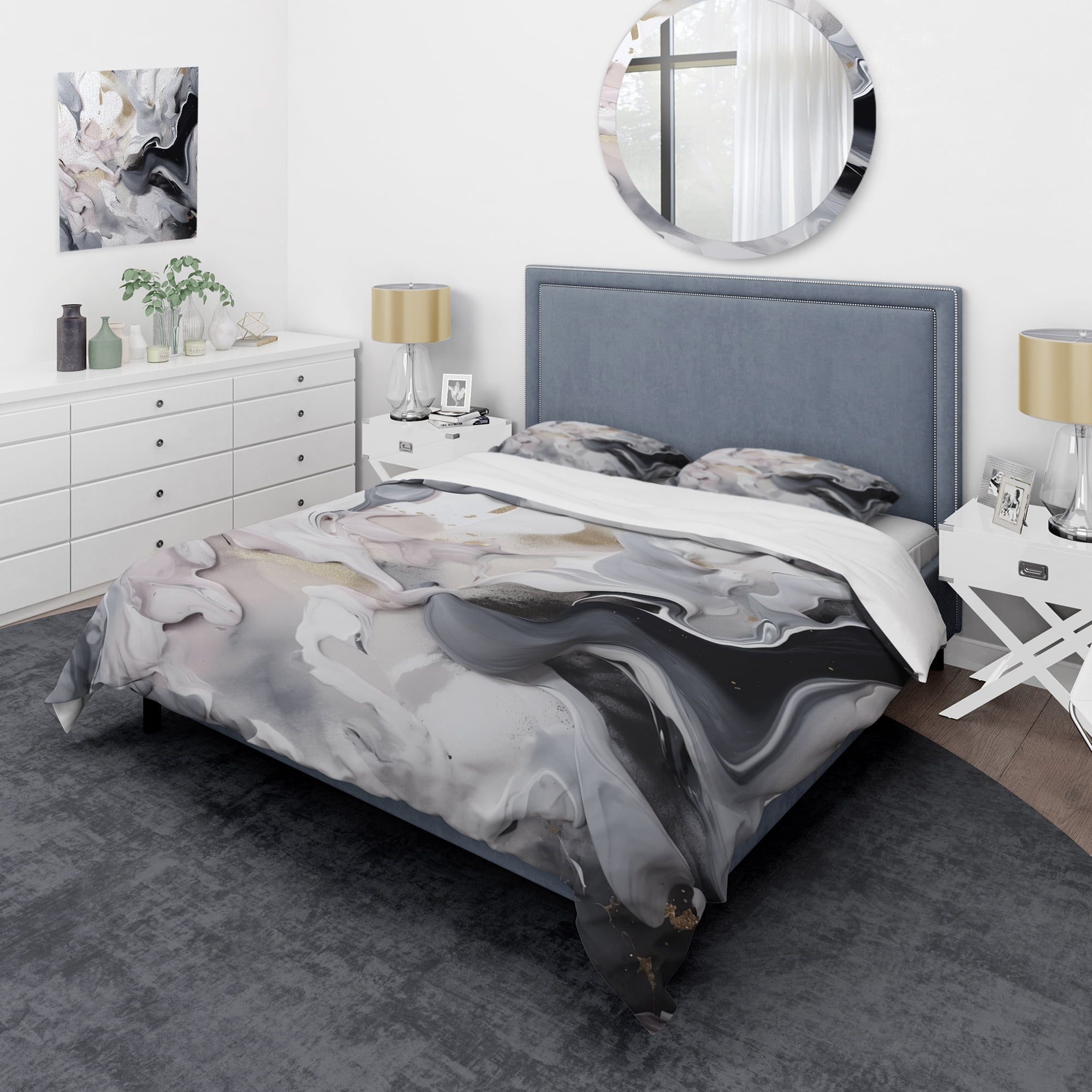 Twin White and Gray Abstract Marble Microfiber Duvet Cover Set