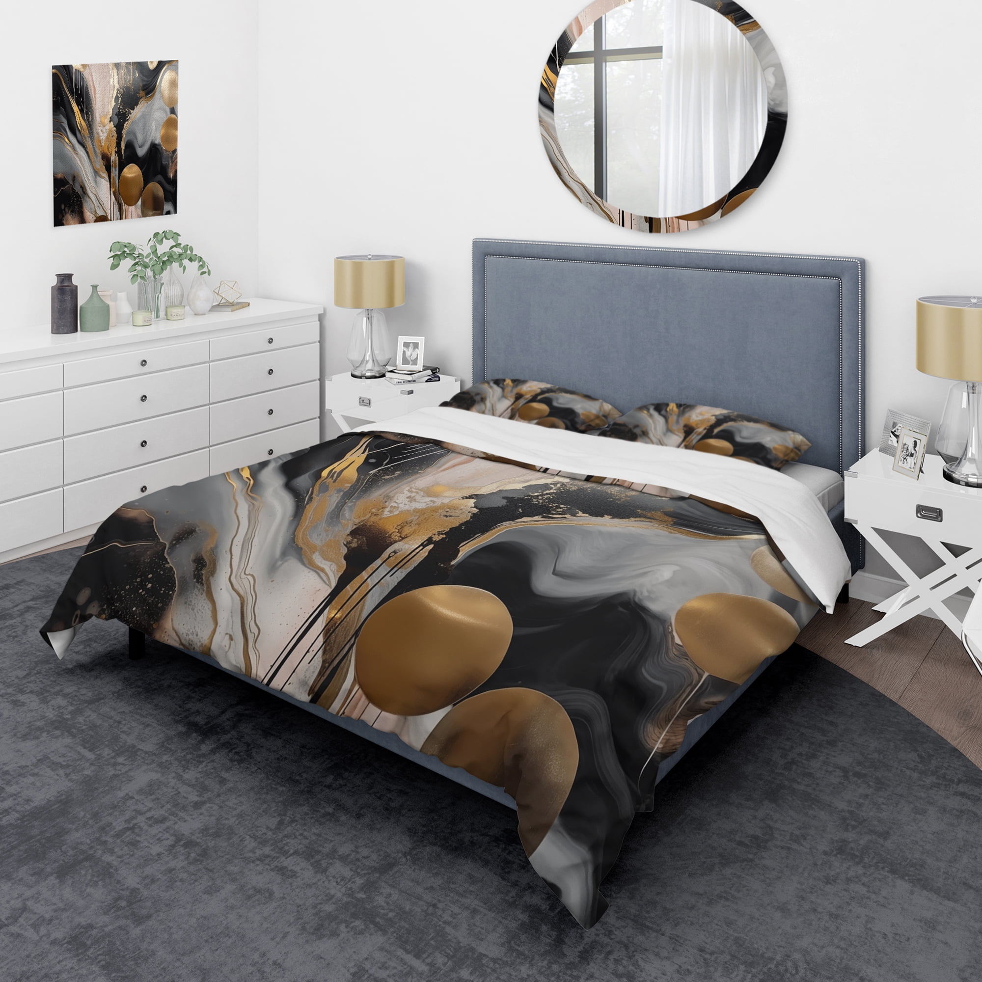 Gray and Gold Abstract Marble Microfiber Duvet Cover Set