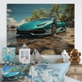 thumbnail image 1 of Designart "Car By The Beach Turquoise" Nautical & Beach Print on Natural Pine Wood, 1 of 5