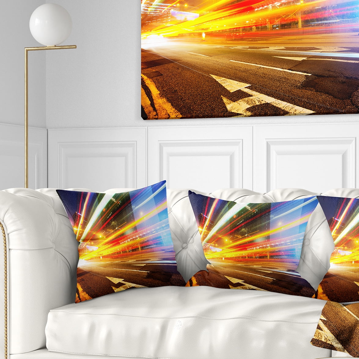 Designart Car Light Trails in Hong Kong - Cityscape Photo Throw Pillow - 18x18